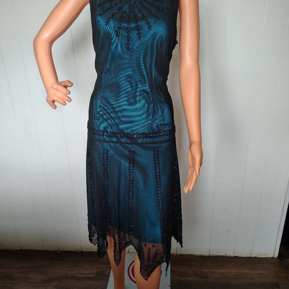 S. L. Fashions Dress; Size 12; Elegant Black and Teal Beaded Dress - Picture 2 of 11